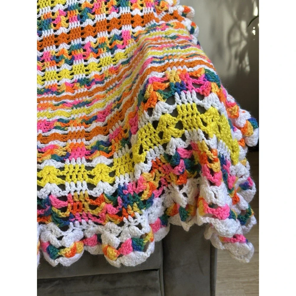 Handmade Crochet Retro Afghan Lap Throw Bright & Colorful Unique Granny‎ Core